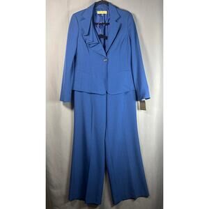 NIPON BOUTIQUE Pant Suit Women's 8 Blue Ruffle Blazer Wide Leg Career Office NEW